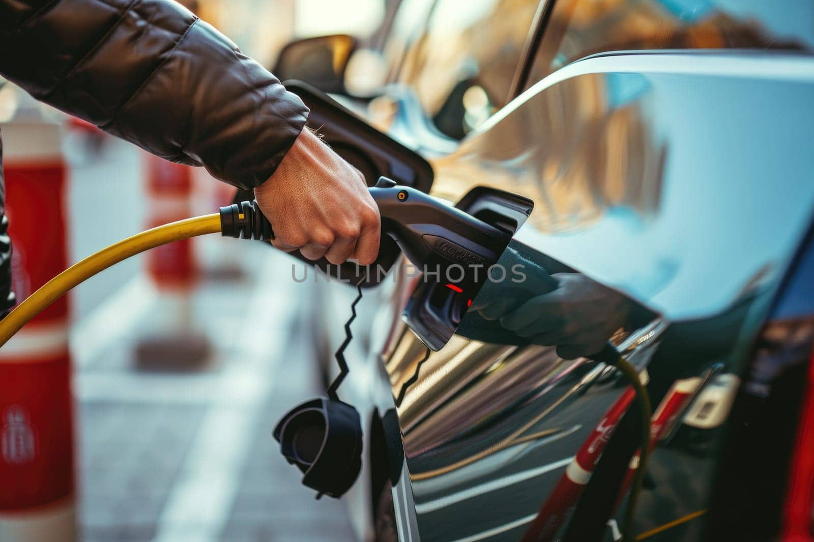 Electric car or EV is charging, Hand inserting EV charging plug to electric vehicle by nijieimu
