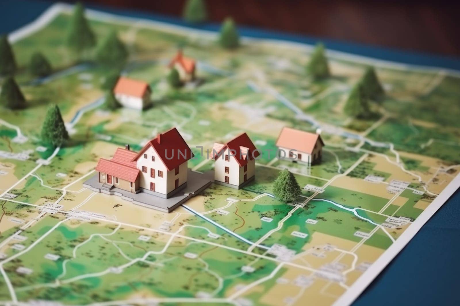 Photo of Small house model on map brochure paper.