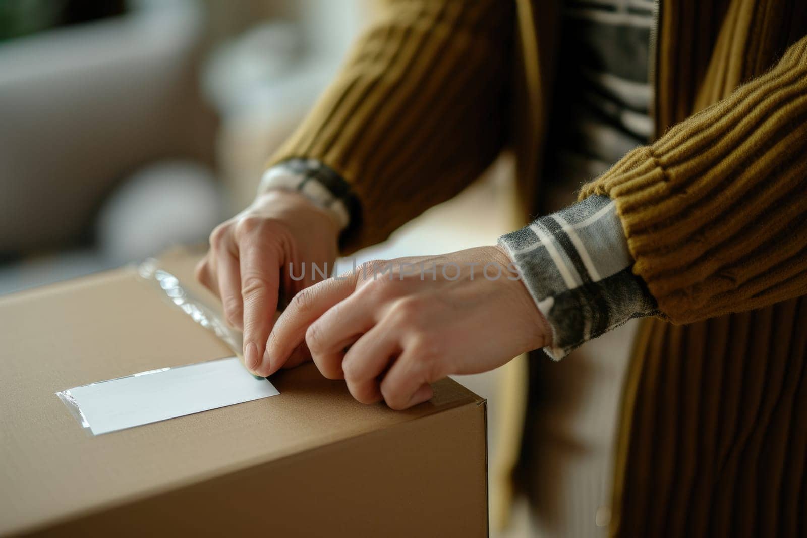 Close up of hands packing a cardboard box in the home office, Online Shopping and delivery concept.