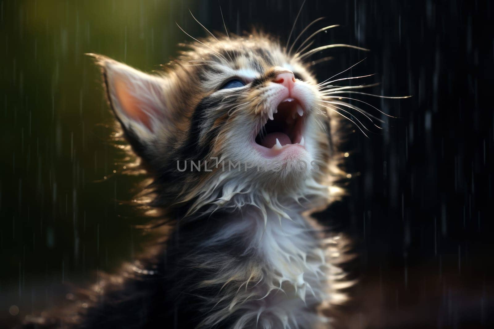 A kitten with floppy ears trying to catch the raindrops with its tongue.