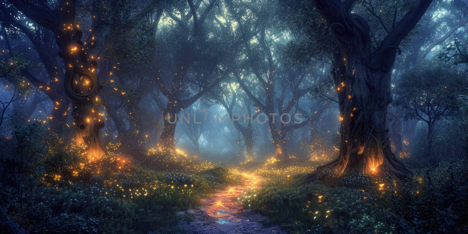 An enchanted forest with magical creatures, glowing plants, ancient trees, a hidden fairy village, mystical ambiance. Resplendent.