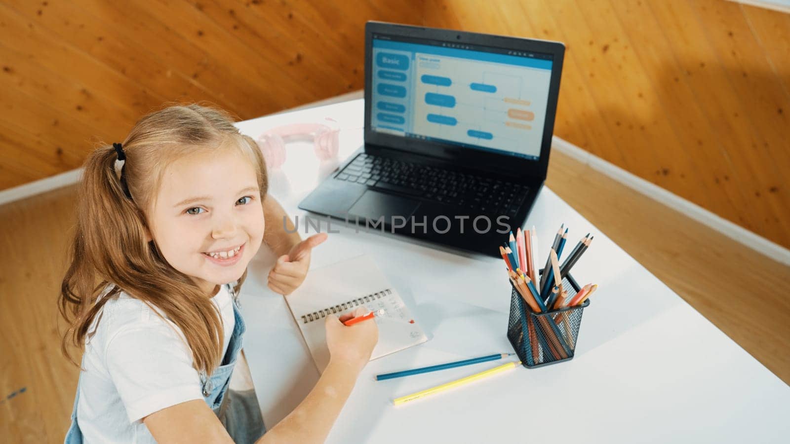 Top view of happy student thinking doing homework by using laptop screen display engineering coding program or programing system. Girl planing for web development while looking at camera. Erudition.