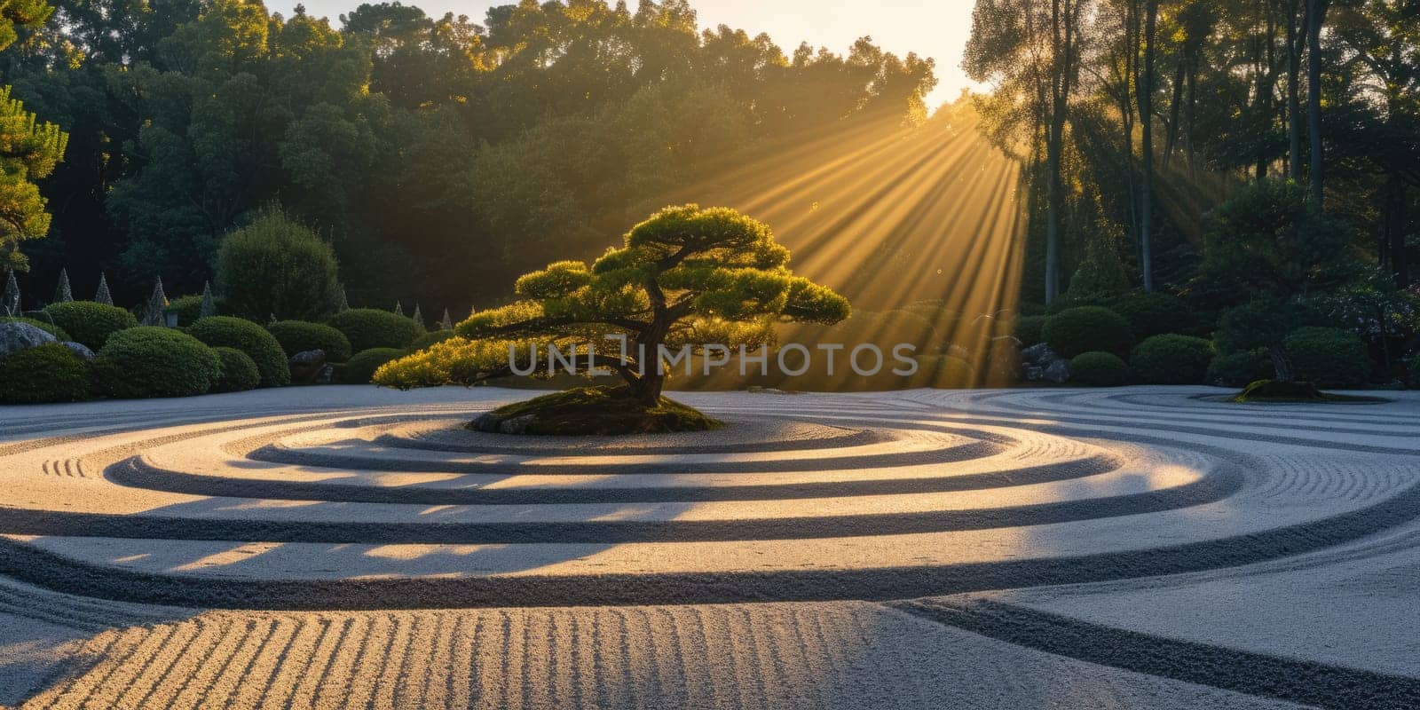 A beautiful sunrise illuminates a Japanese Zen garden, highlighting the elegant forms of meticulously maintained bonsai trees. Resplendent.