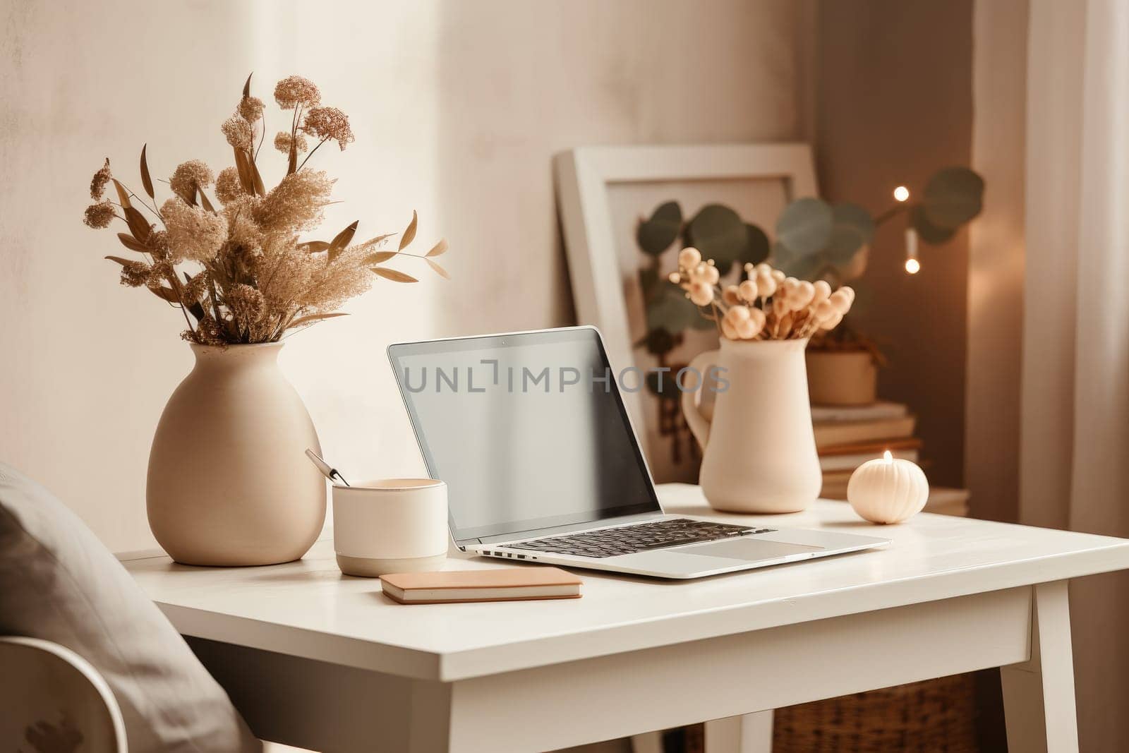 Desk interior style minimal pastel desk with vase and laptop, AI Generative.