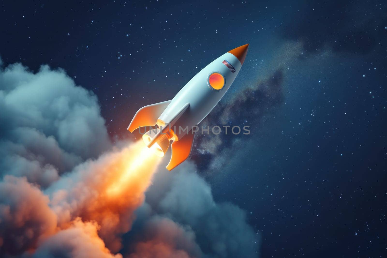 Startup and breakthrough concept with launched rocket to the space. Generative AI by golfmerrymaker