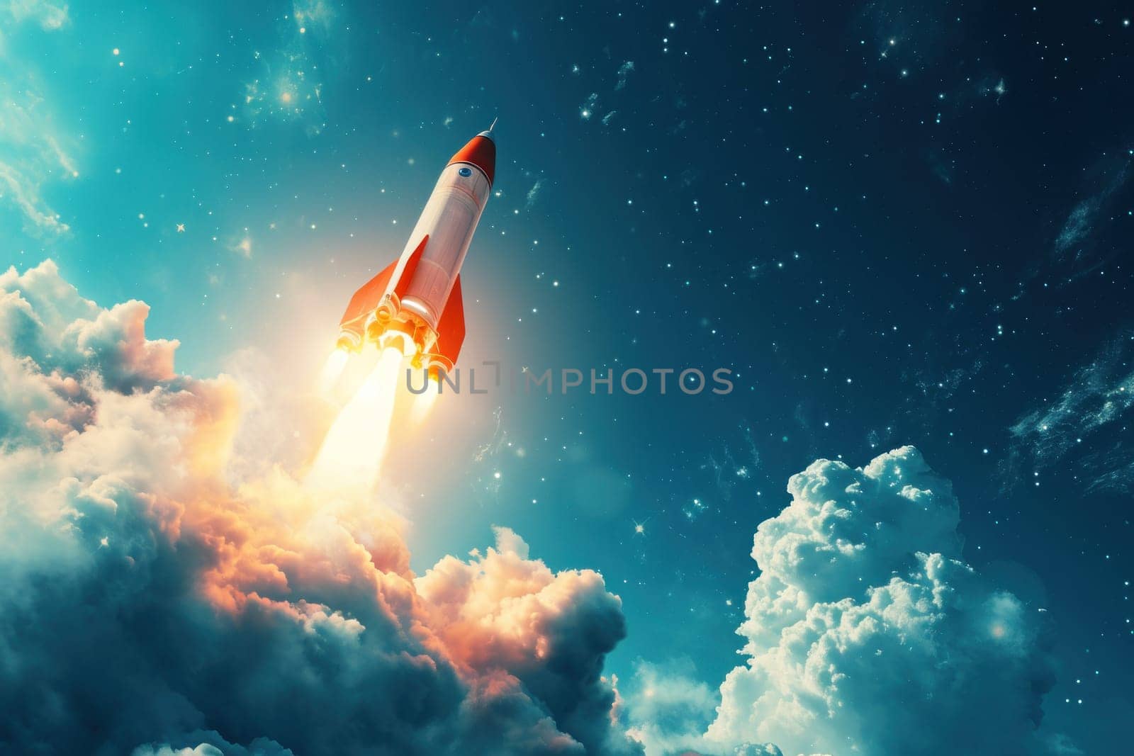 Startup and breakthrough concept with launched rocket to the space. Generative AI by golfmerrymaker