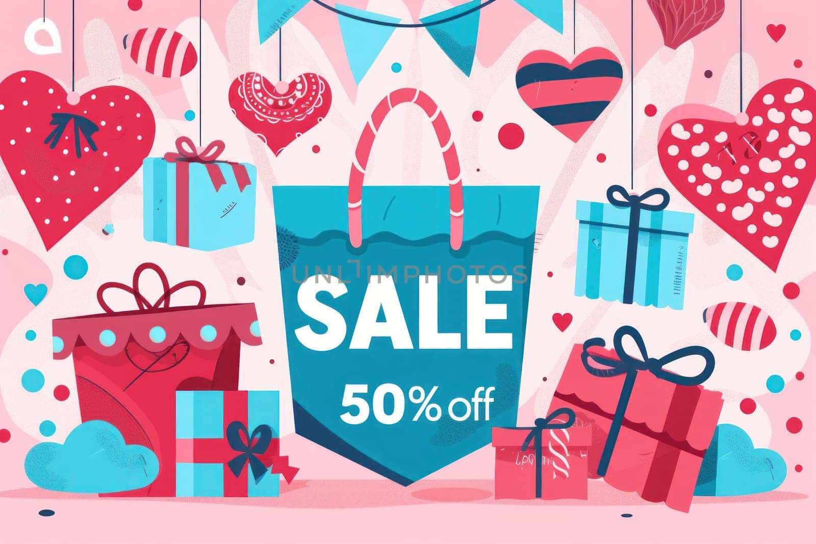 Flat illustrator, Sale 50 Off For Love Sale Banner Valentine Festival. Generative AI.