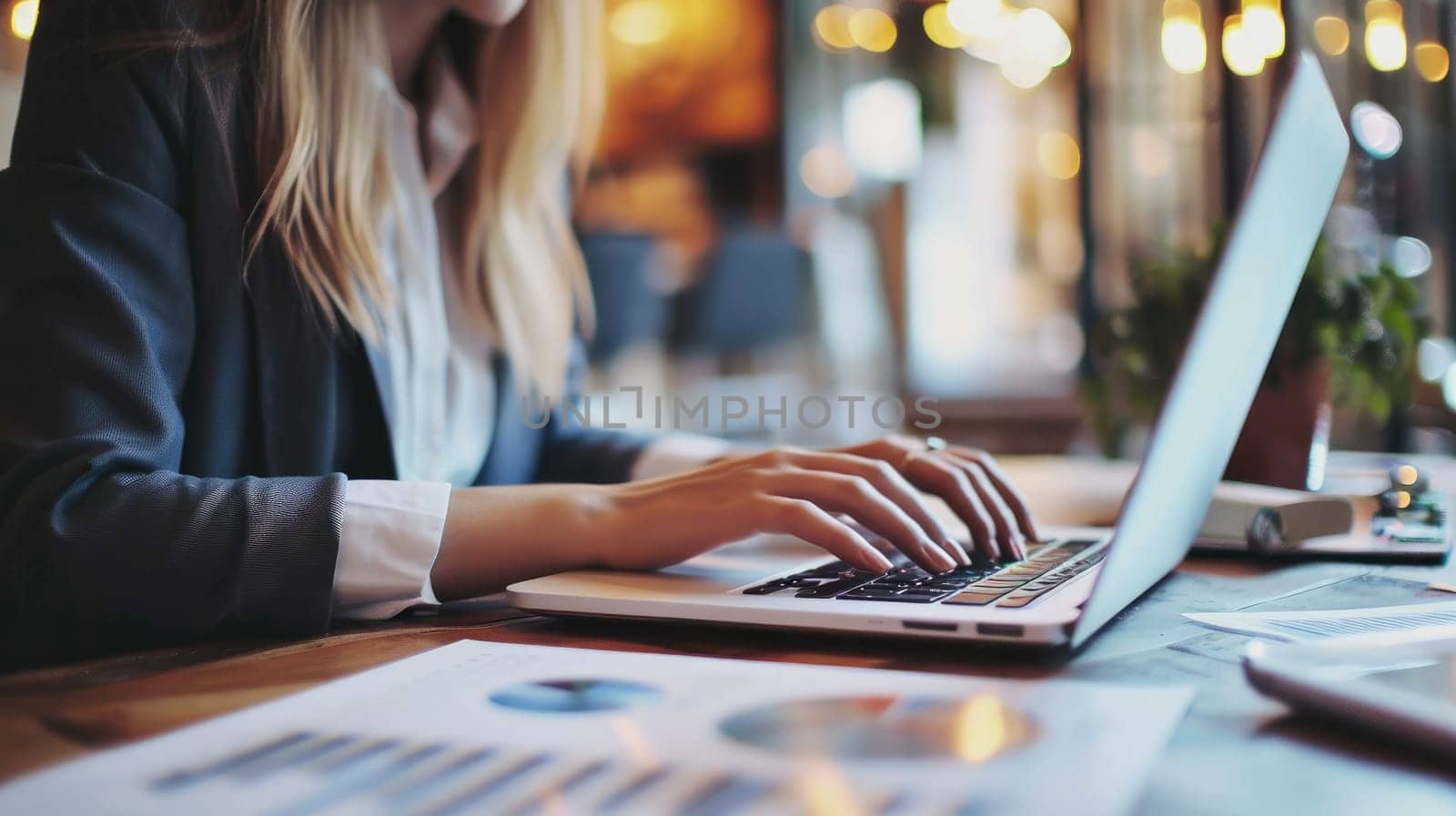 Business and finance concept. Closeup of people hands working with paperwork and laptop in office.