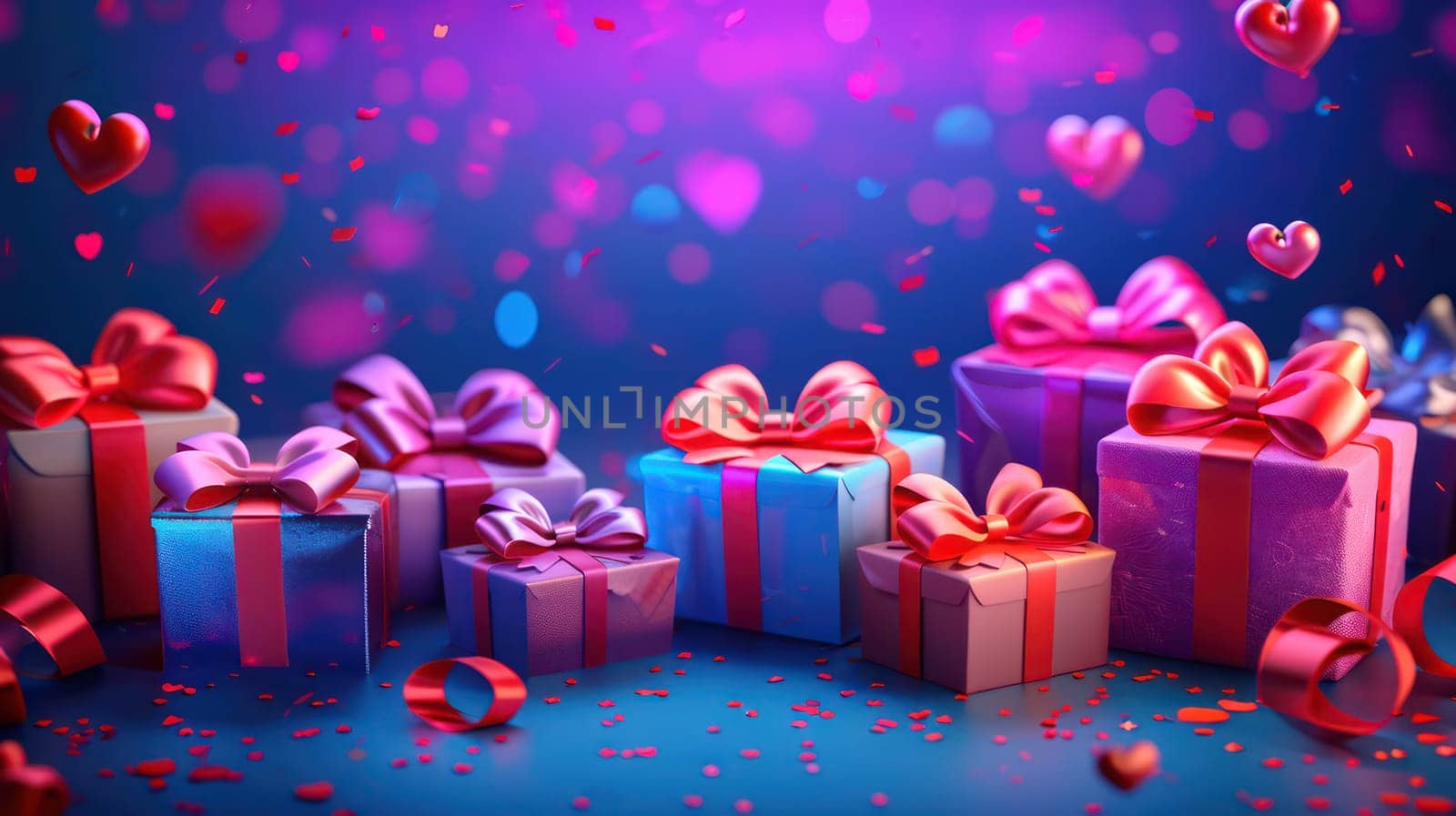 Valentine gifts in colorful packaging with bows and bright ribbons. Generative AI by golfmerrymaker