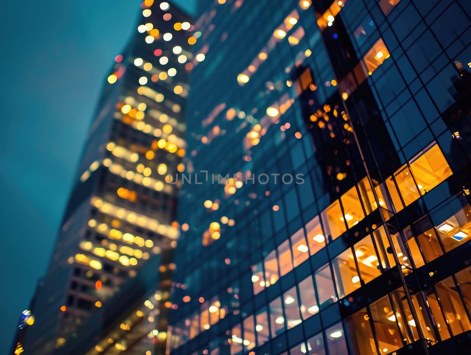 Business building city night view, Modern Office Building Illuminated at Night by nijieimu