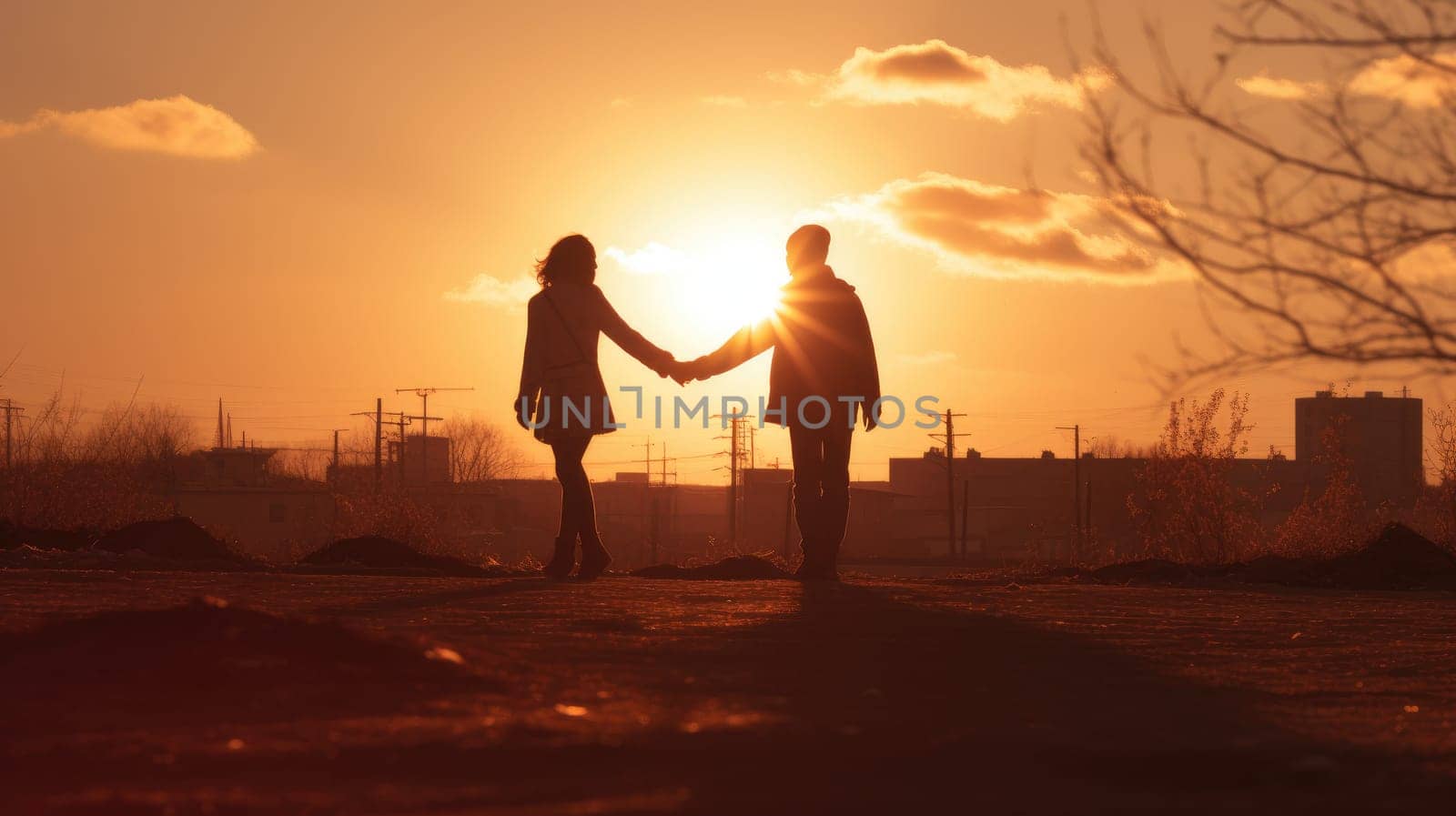 a couple holding hands as the sun sets behind them, AI Generative.