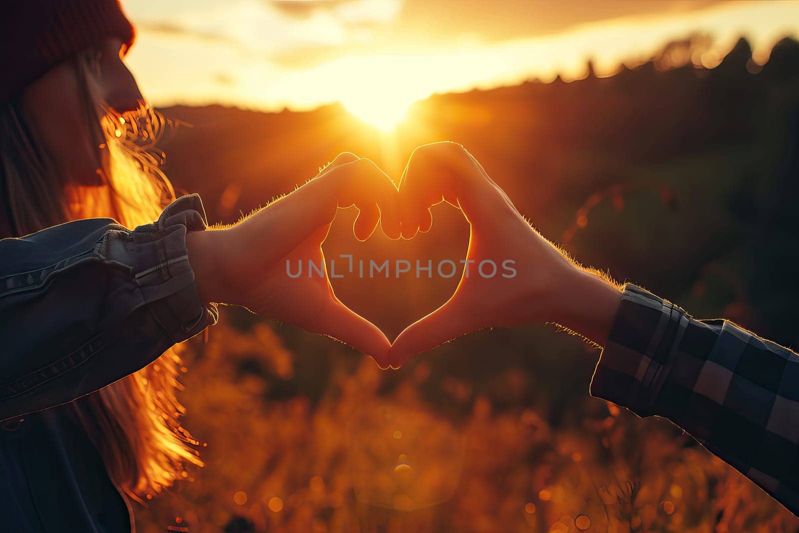 Valentines day concept, Young man and woman creating heart shape by hands at sunset. Generative AI by golfmerrymaker