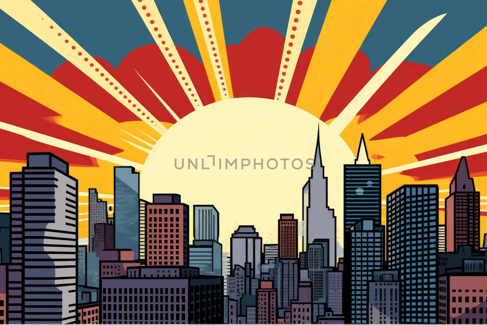 comic retro pop art style sunrise in the city.