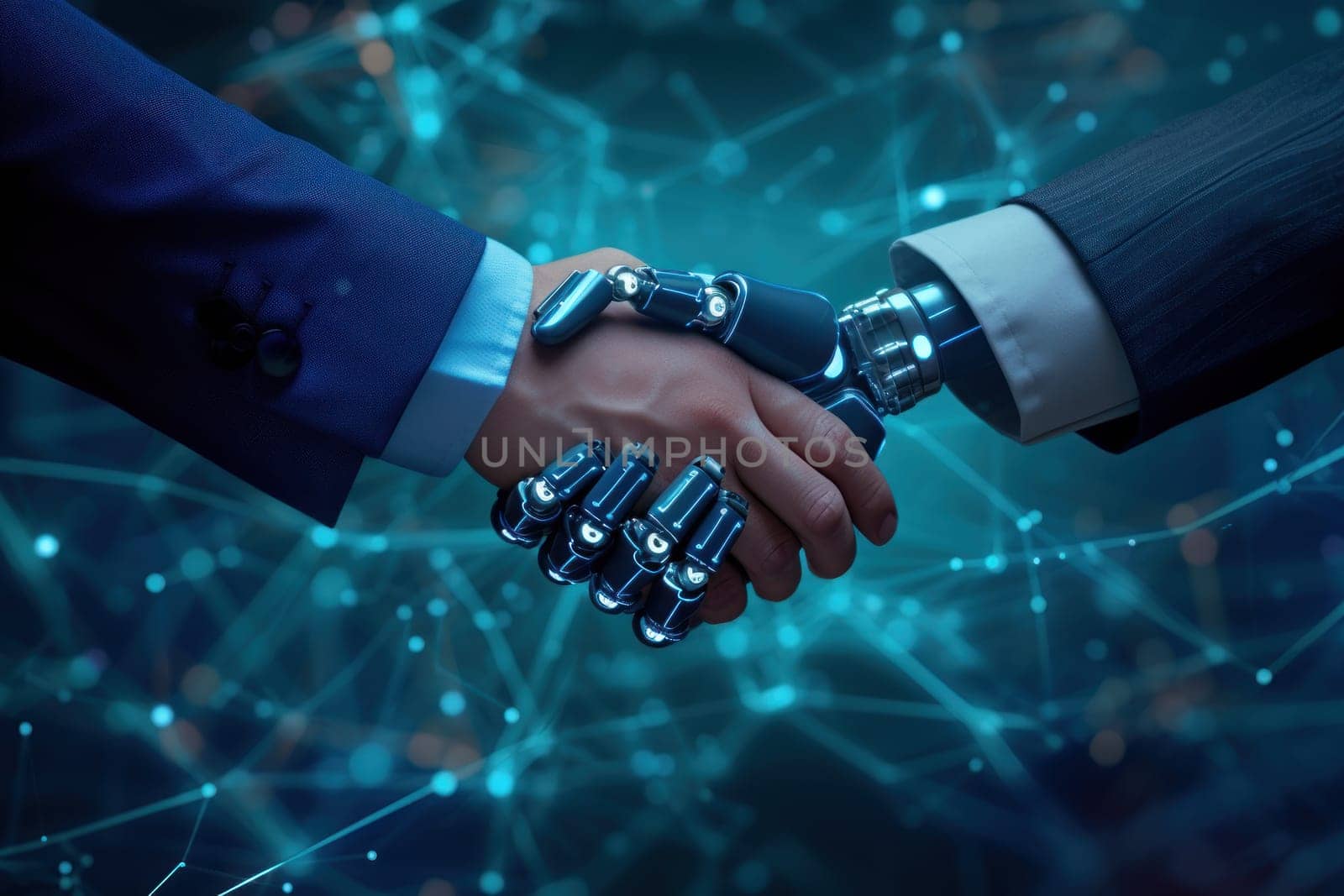 A handshake between a robot hand and a human hand, Technologies AI concept. Generative AI.