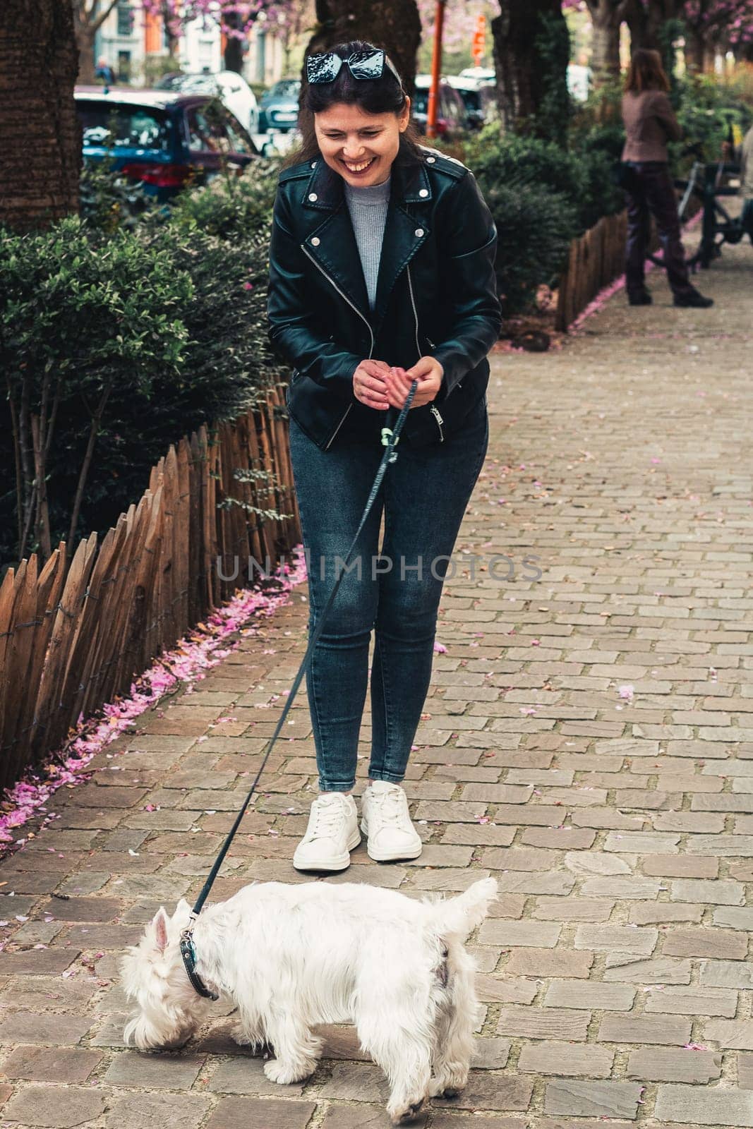 Portrait of one young beautiful caucasian girl in a leather jacket with a smile walks and has fun with a white dog on a leash on a city street against the backdrop of flowering sakura trees, close-up side view.