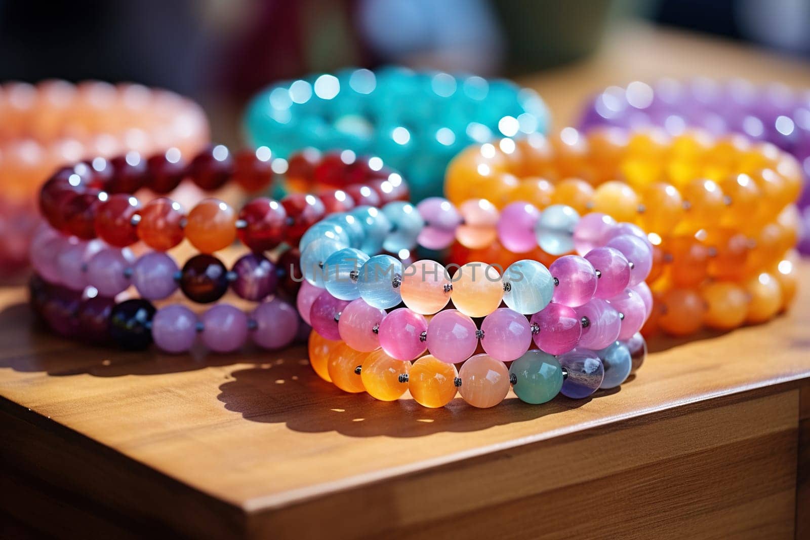 Stack of bracelets made of beads on a wooden table.