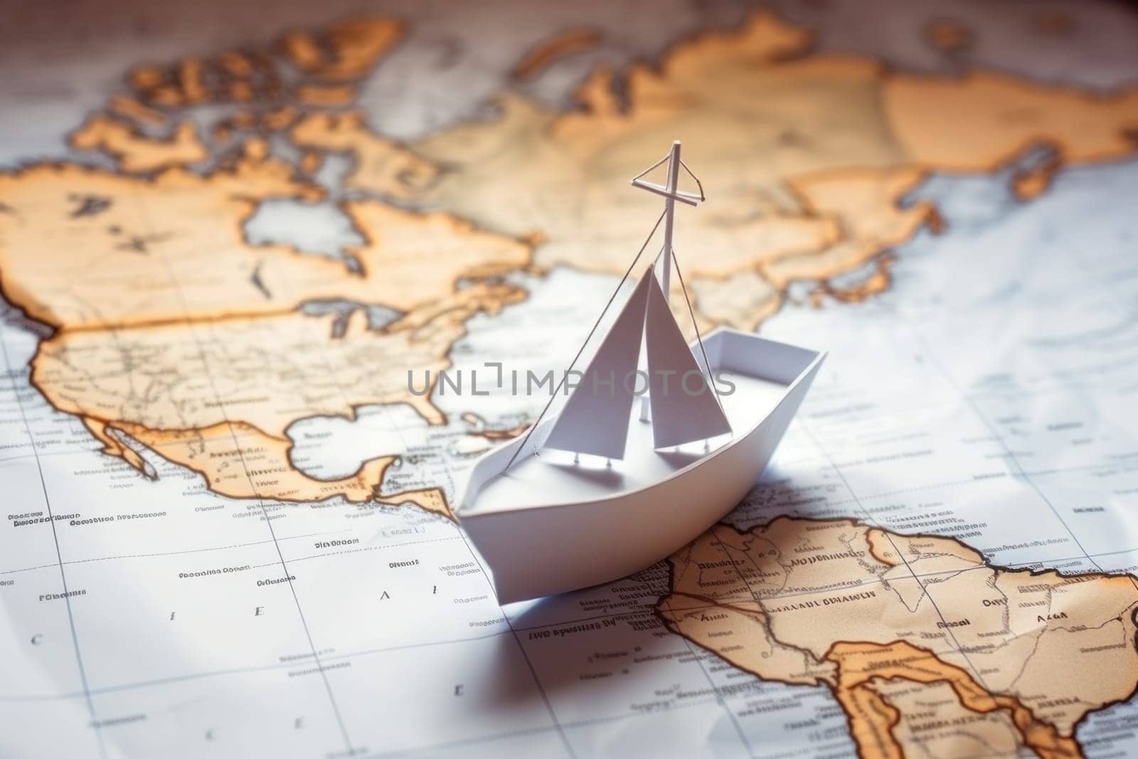Paper boat on the world map paper, travel concept by nijieimu