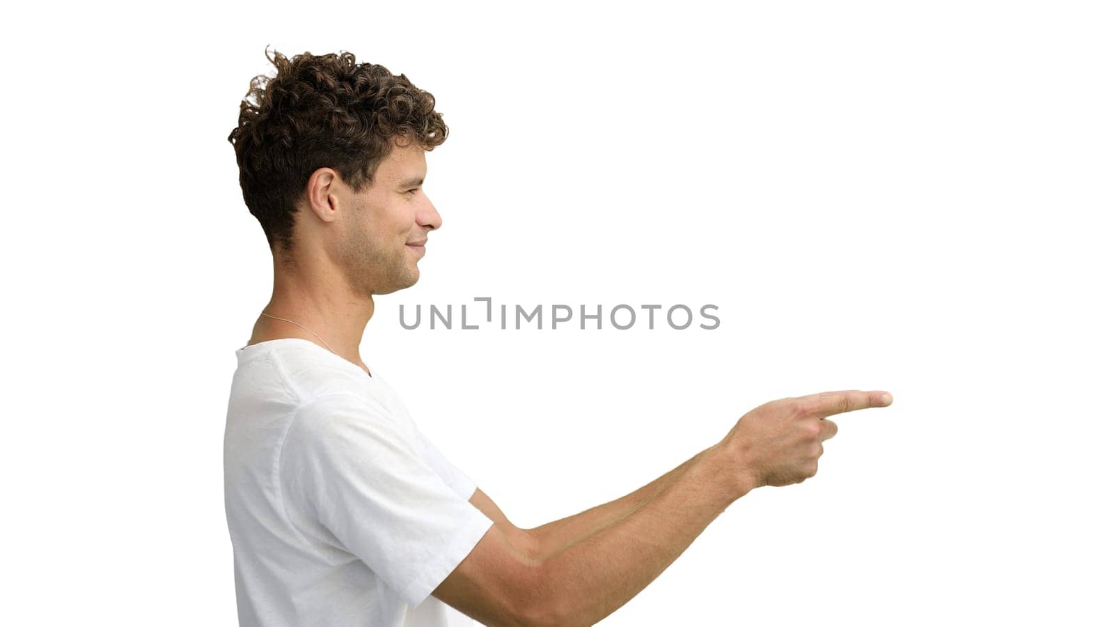 A man in a white T-shirt, on a white background, close-up, pointing to the side by Prosto