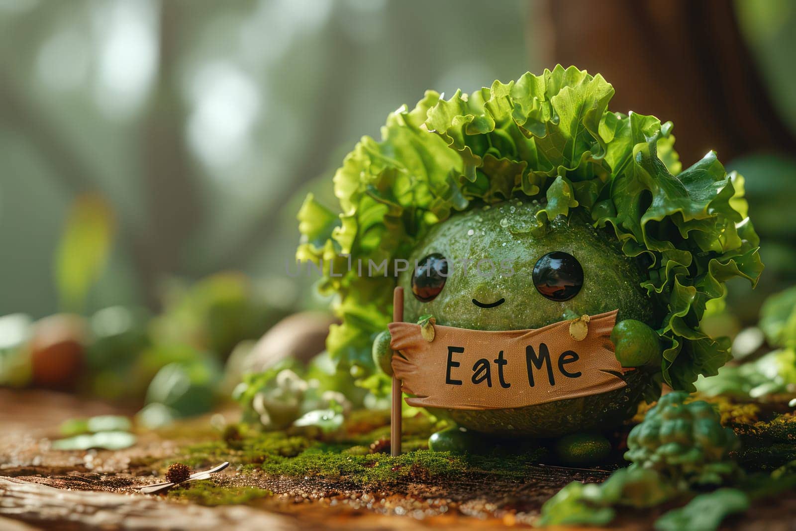A cute lettuce smile holding a sign Eat Me. Generative AI.