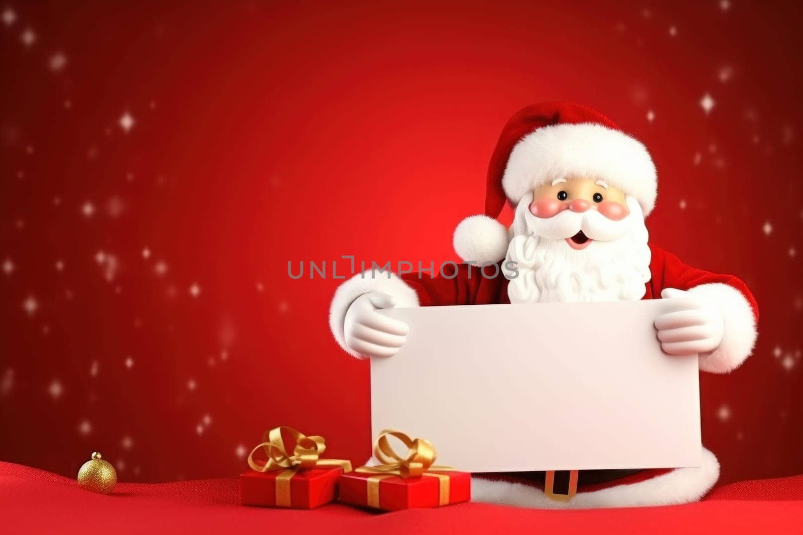 Santa Claus plush holding white sign for christmas banner or poster.