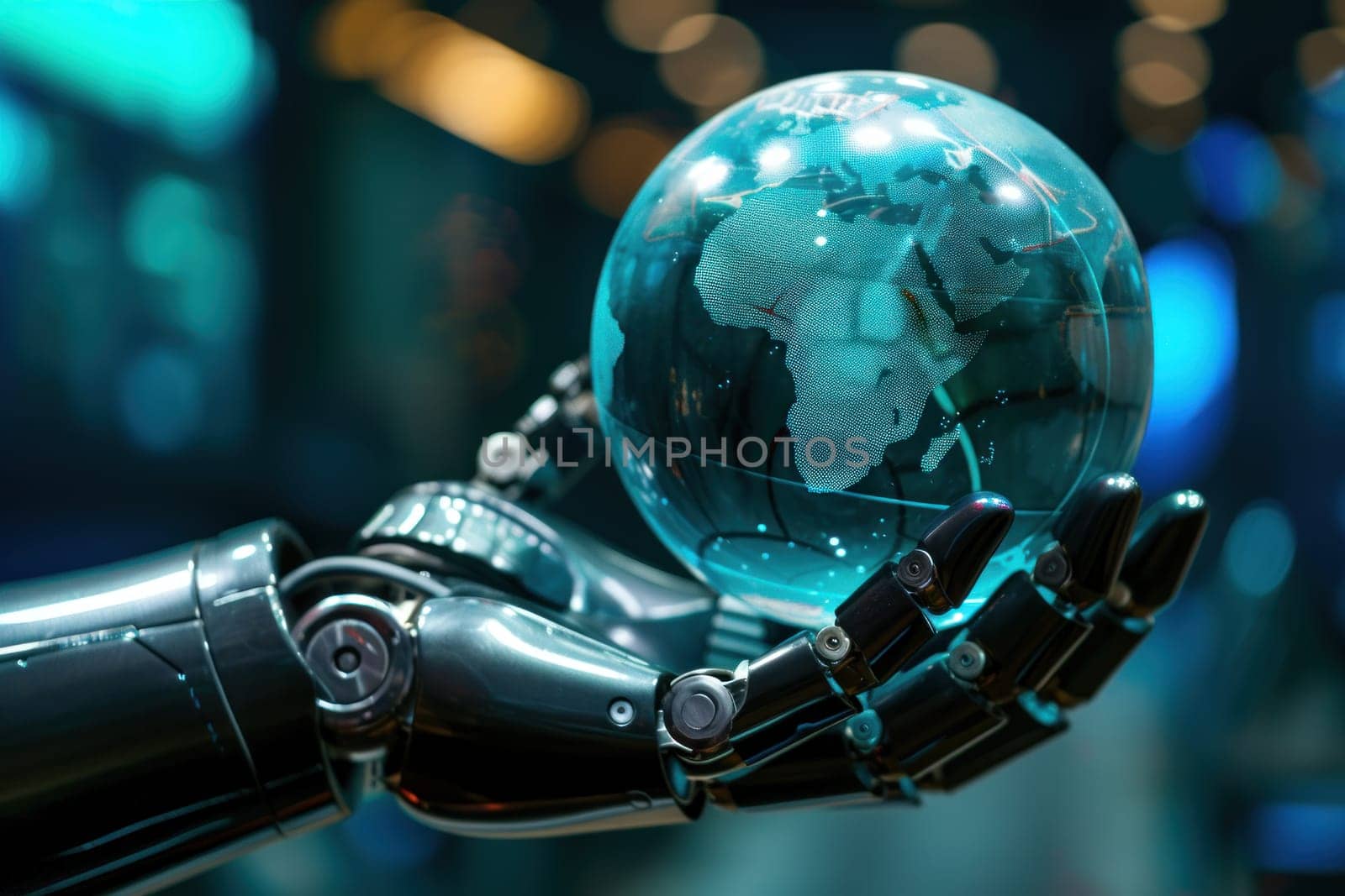 Mechanical robot hand gripping a globe, futuristic technology background. Generative AI by golfmerrymaker