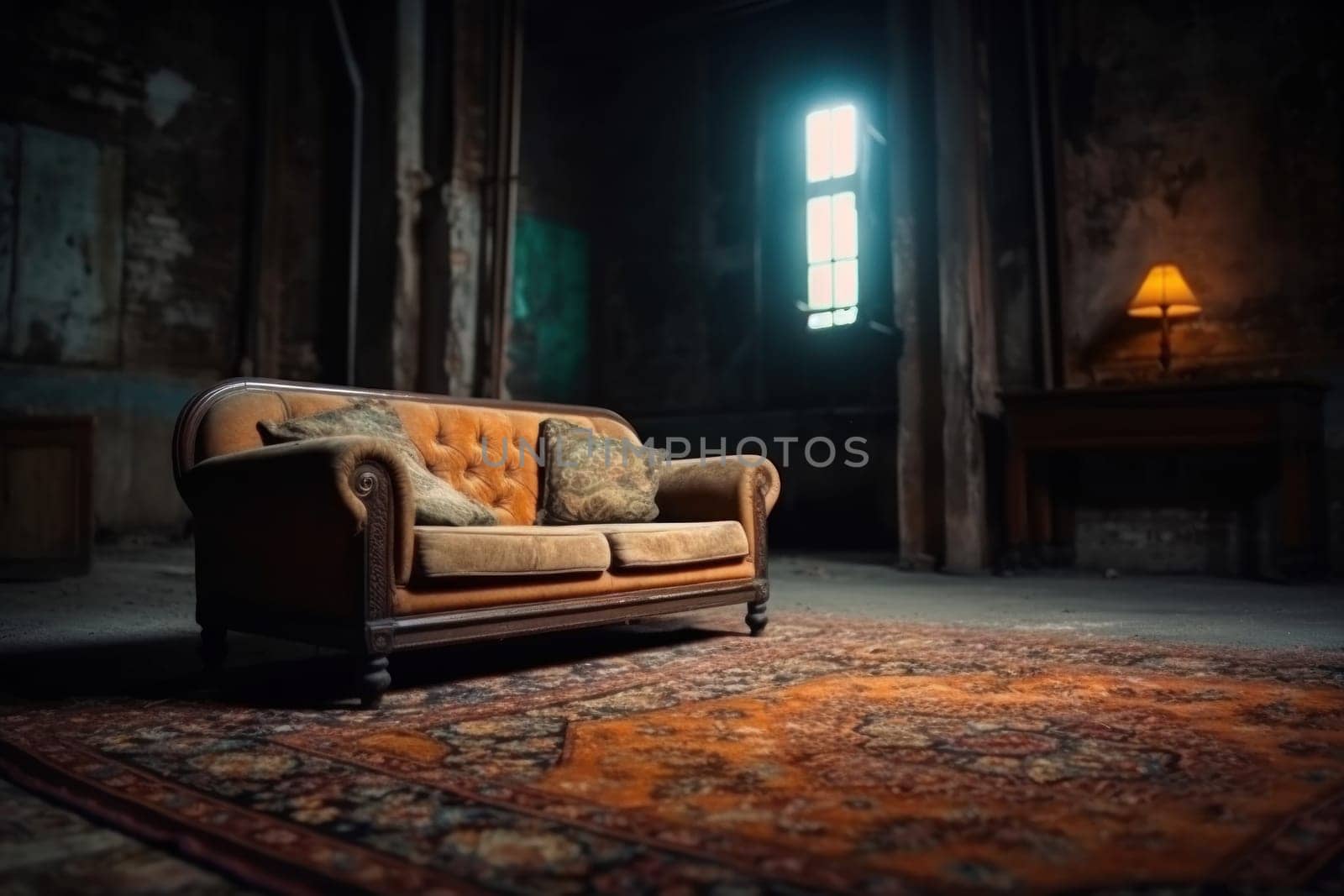 Photo of a Old sofa in an abandoned building, Interior of abandoned.