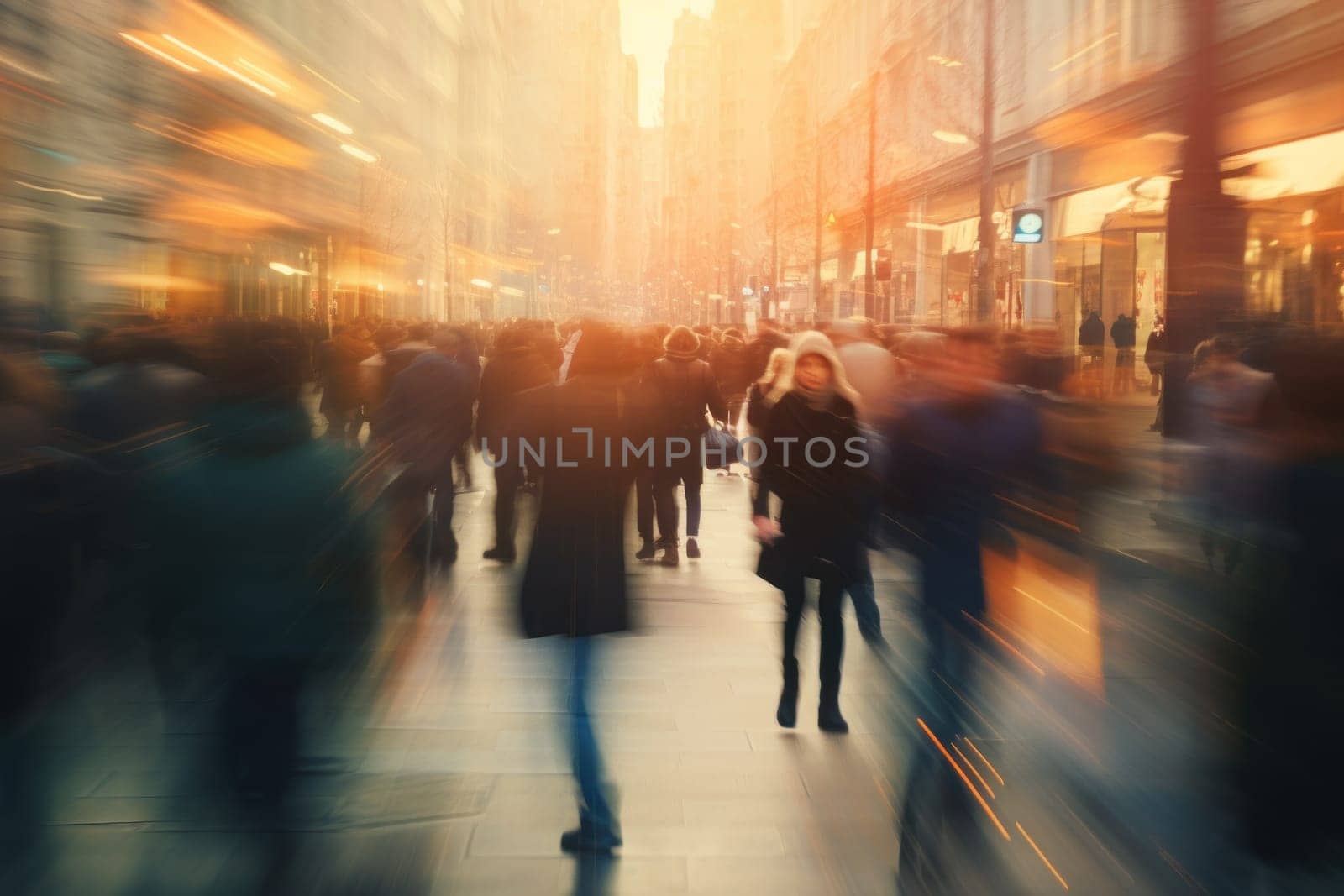 Crowd on street in bright lens flare Abstract blur.