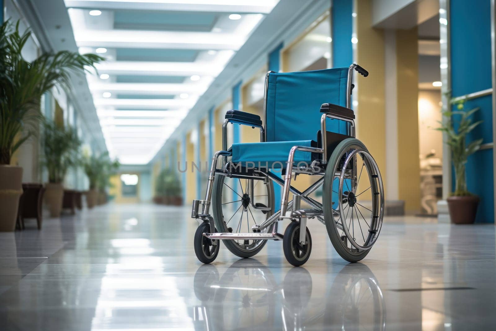 Wheelchair in the hospital with light copy space on left area.