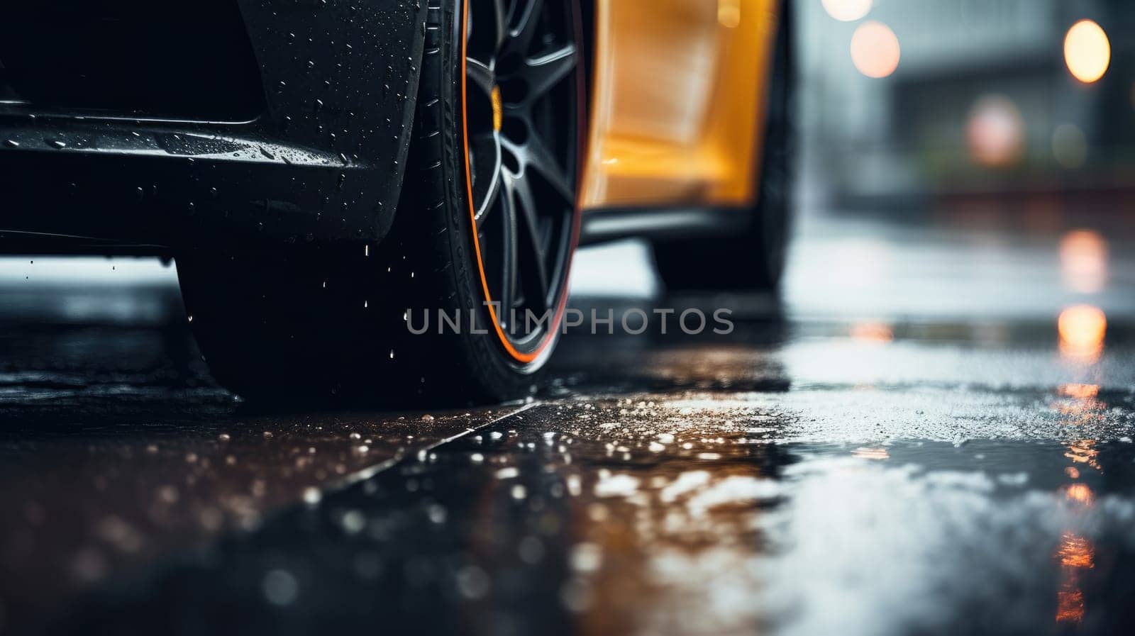 Car wet, A car in the rain the focus is on the tires, Close-up of car tires on wet, AI Generative by nijieimu