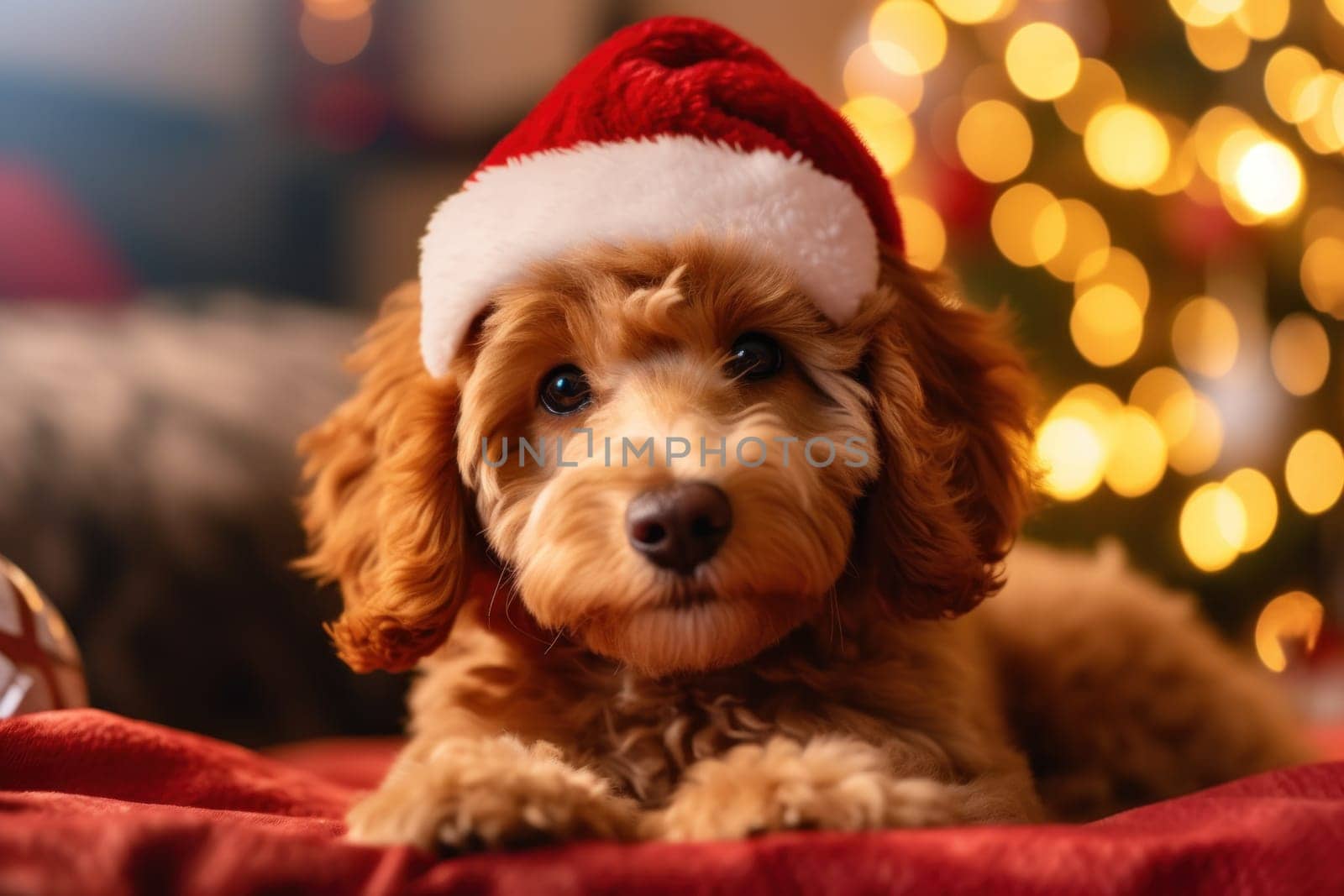 Portrait of cute dog, celebrating Christmas holidays wearing a red Santa Claus hat, AI Generative.