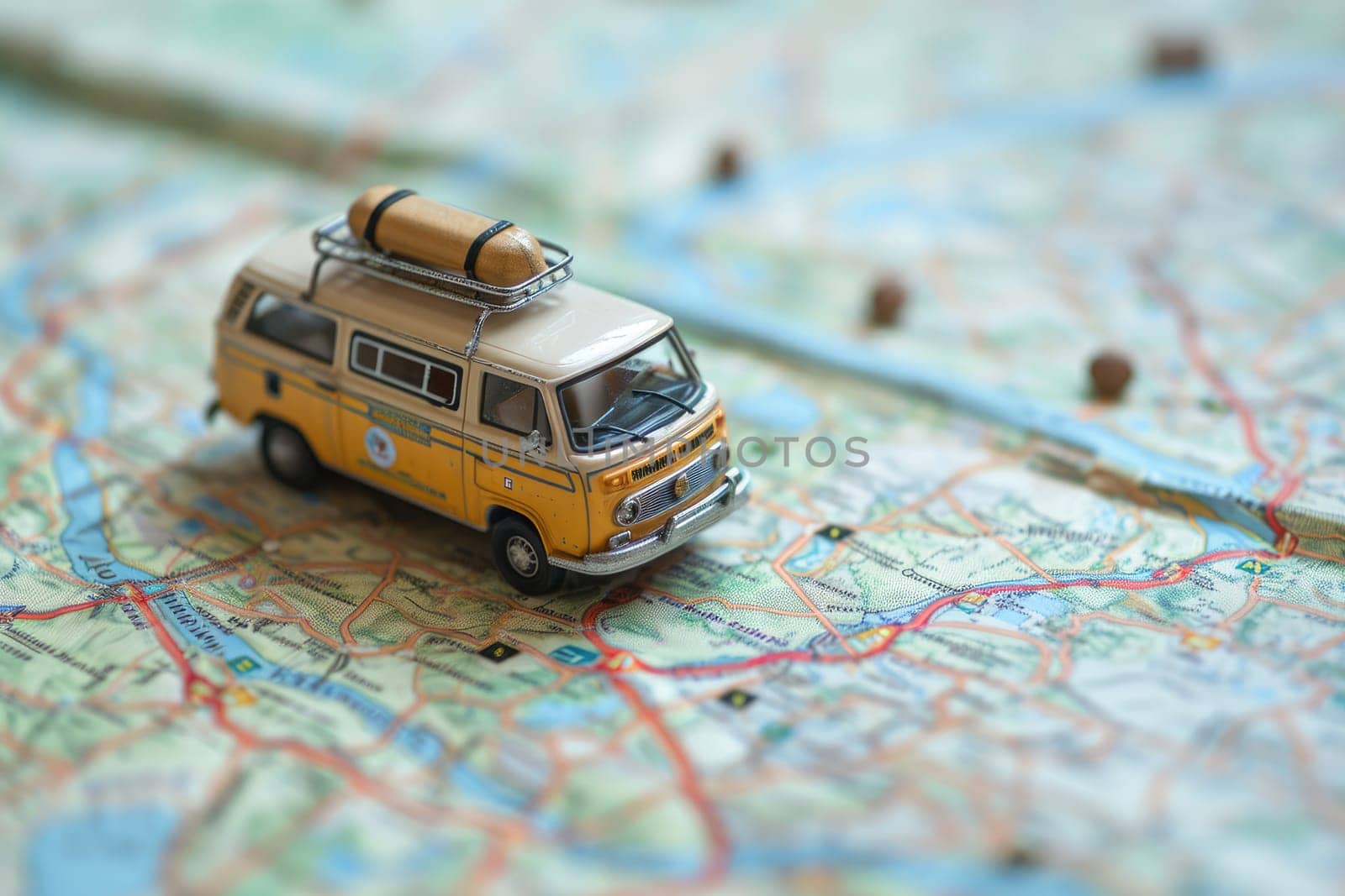 Small van car model on the map paper, concept travel, road trip, Planning the route to fun.