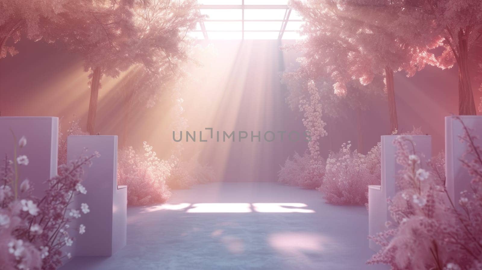 White room with arch and flowers in the wall and large window Generative AI by golfmerrymaker