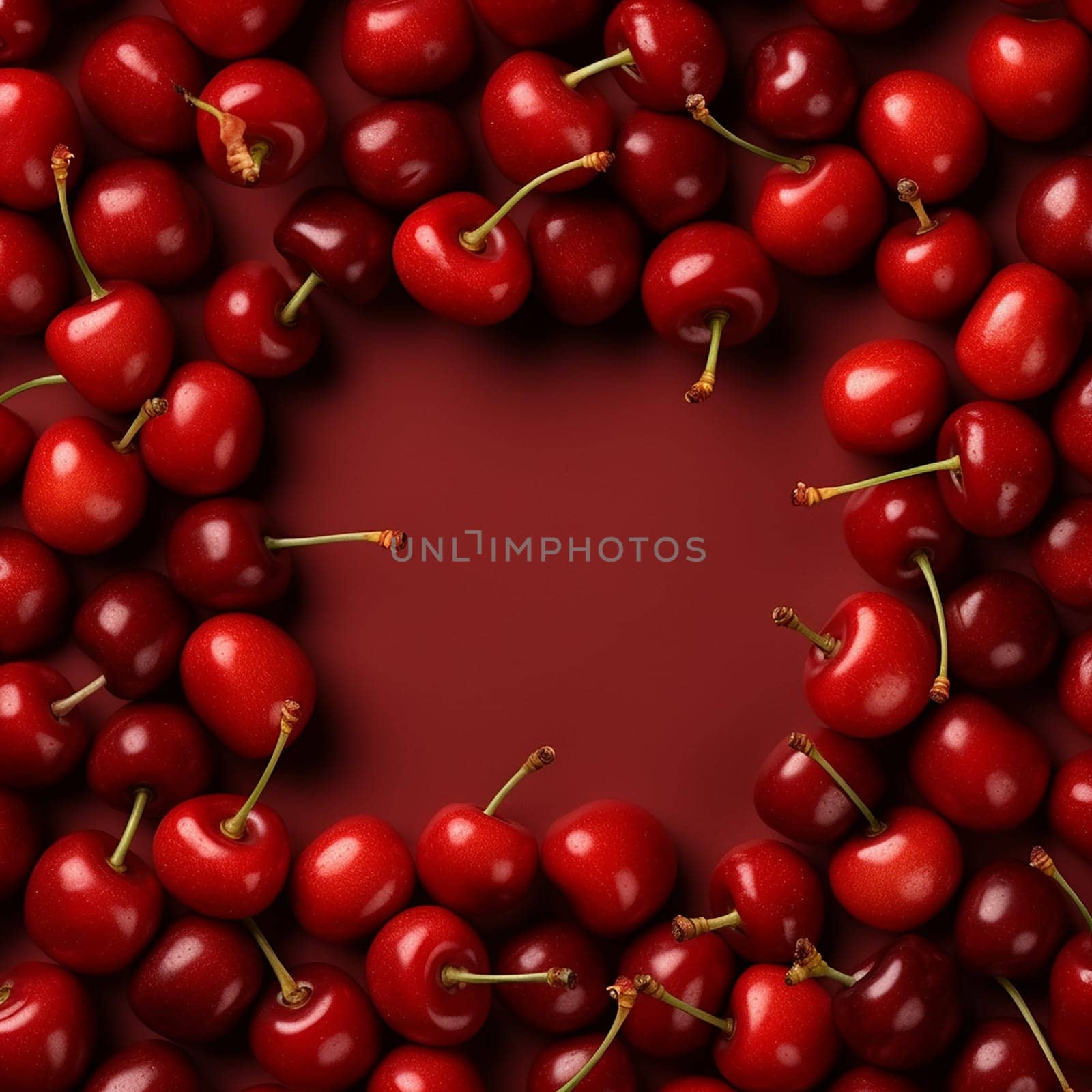 Numerous cherries arranged densely against a red background.