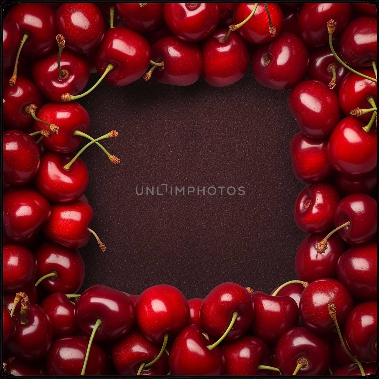 Circle of fresh red cherries on a dark background