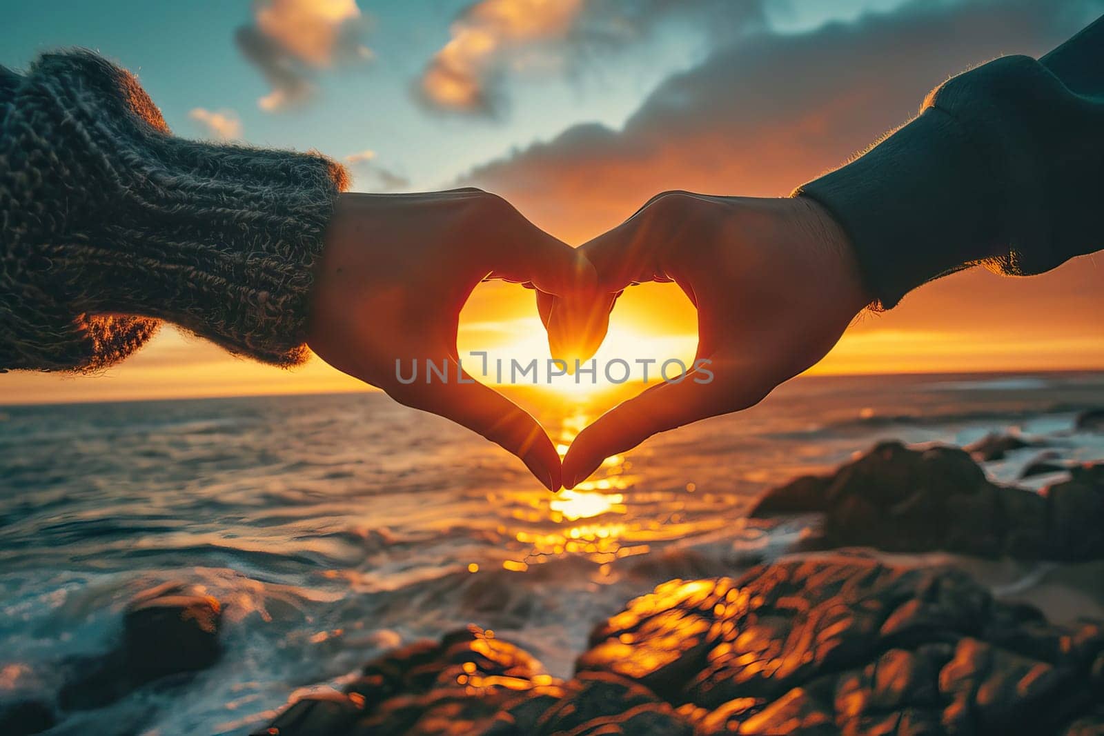 Valentines day concept, Young man and woman creating heart shape by hands at sunset. Generative AI by golfmerrymaker