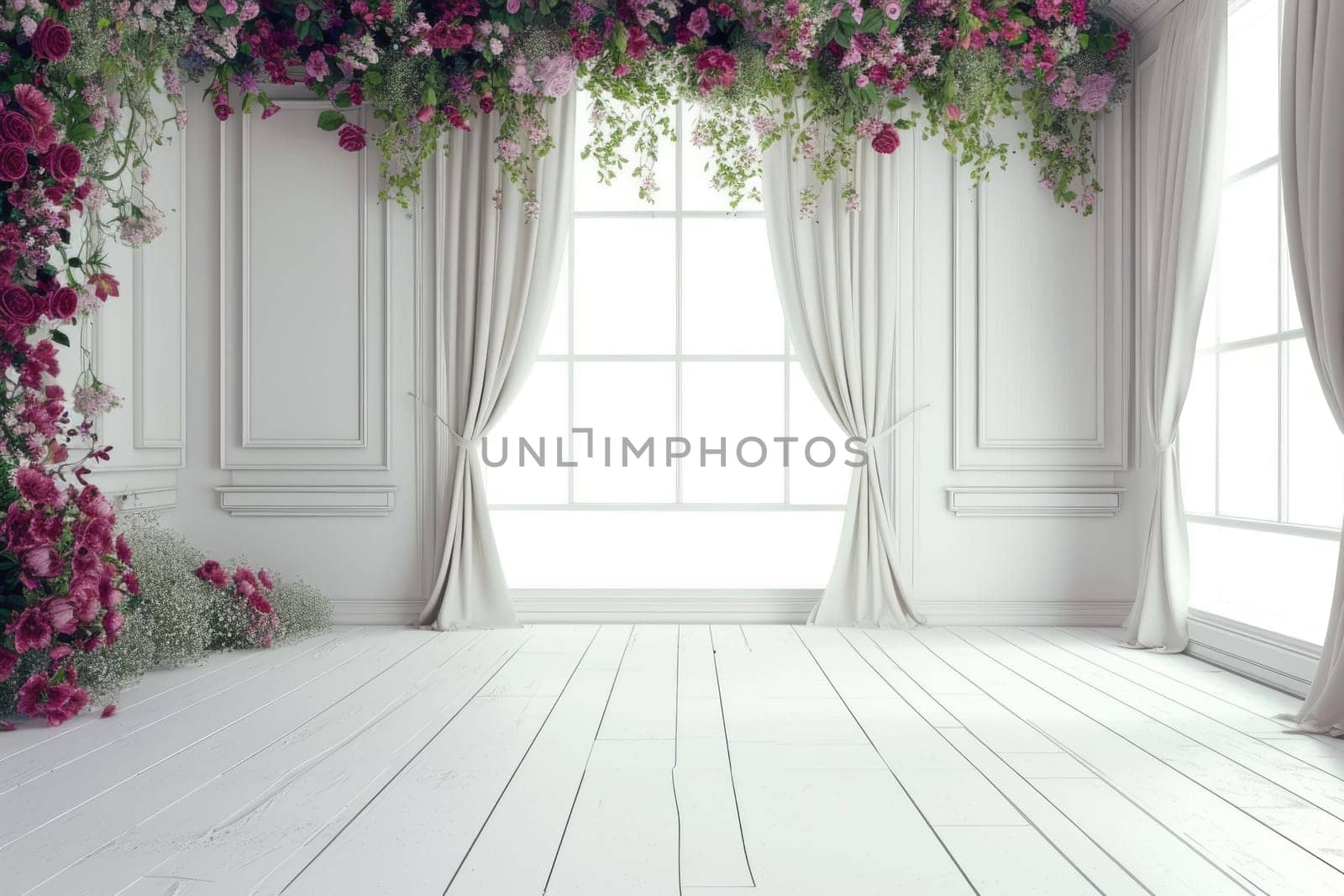 Wedding backdrop aesthetic flower wreath decoration indoor white background. Generative AI.
