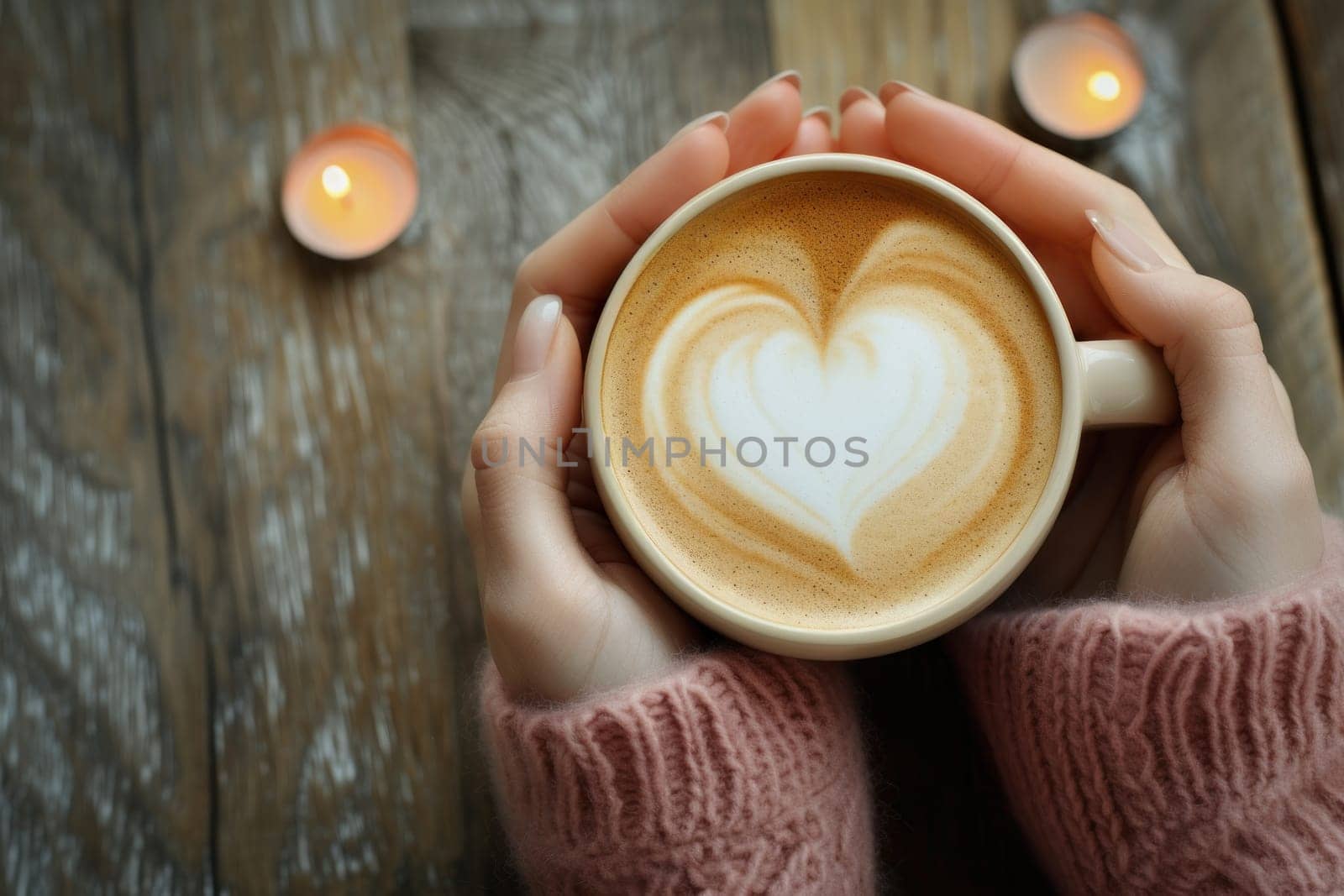 Top view on wood table, Close-up of a woman's hands holding a latte heart. Generative AI.