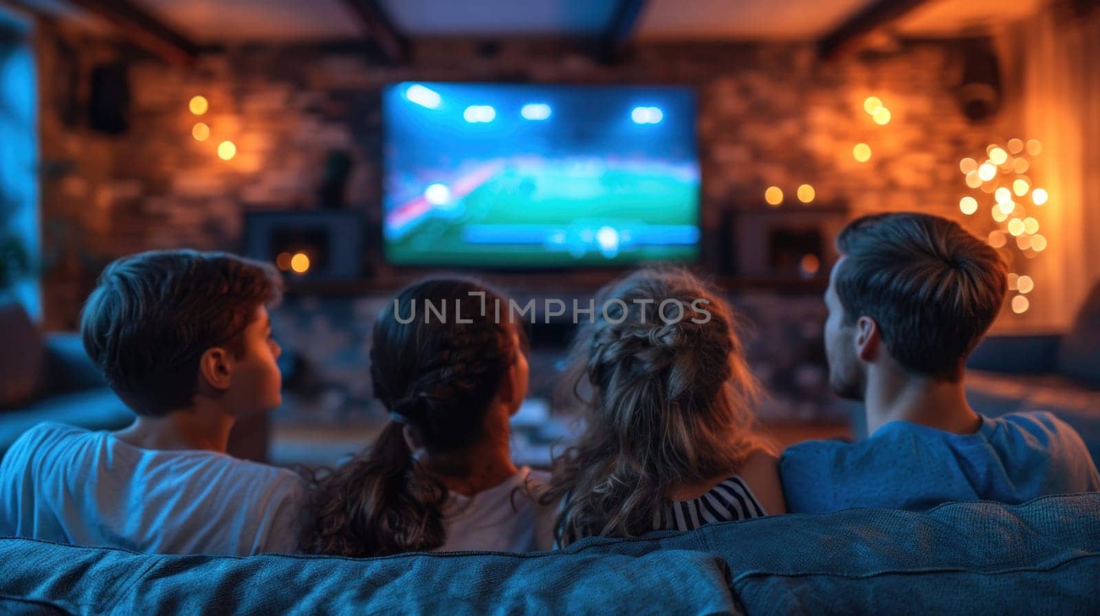 Caucasian family watching tv with football match on screen. Global sport concept. Generative AI.