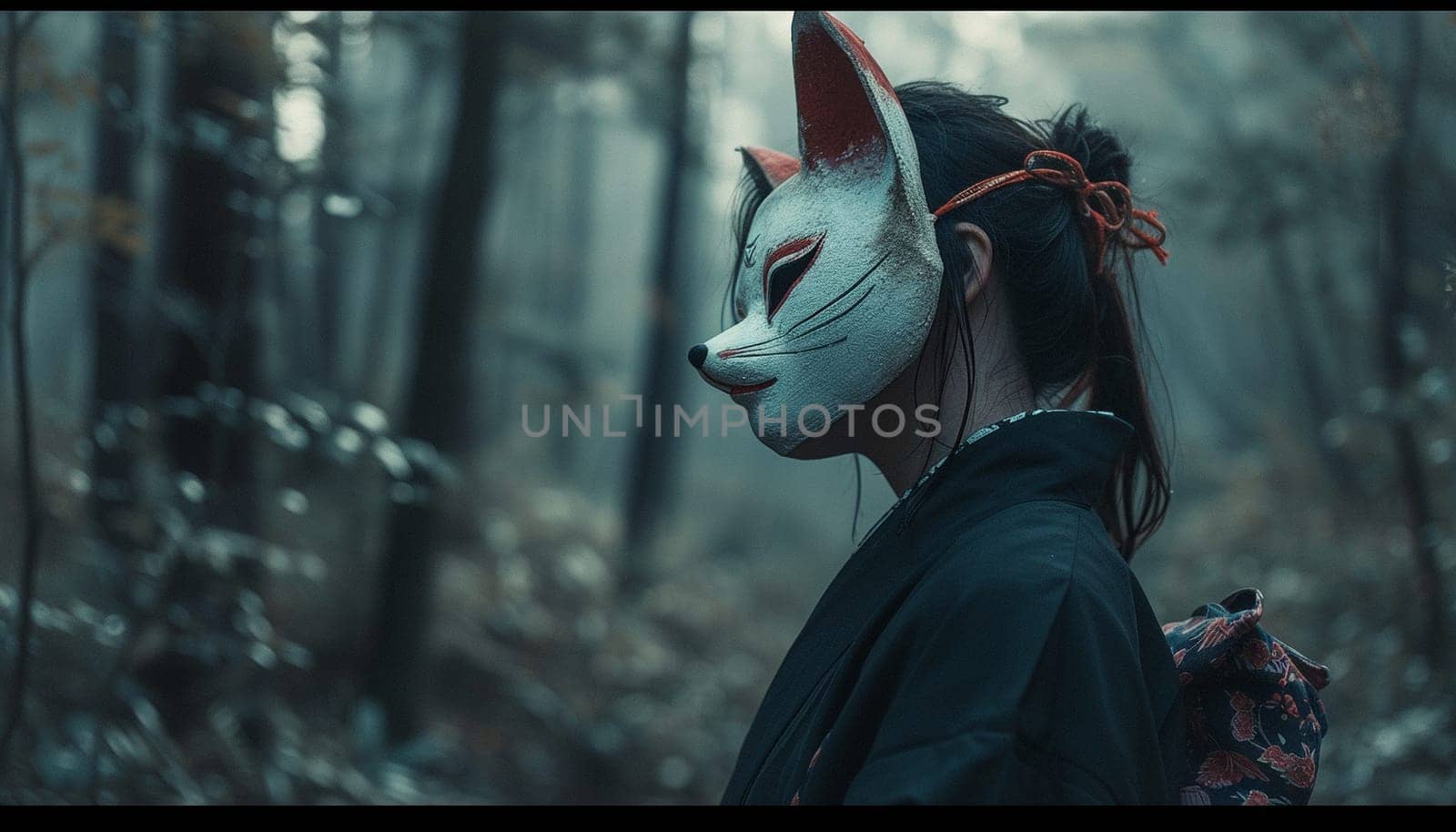 A beautiful gloomy photo of a Japanese girl in a fox mask. High quality photo