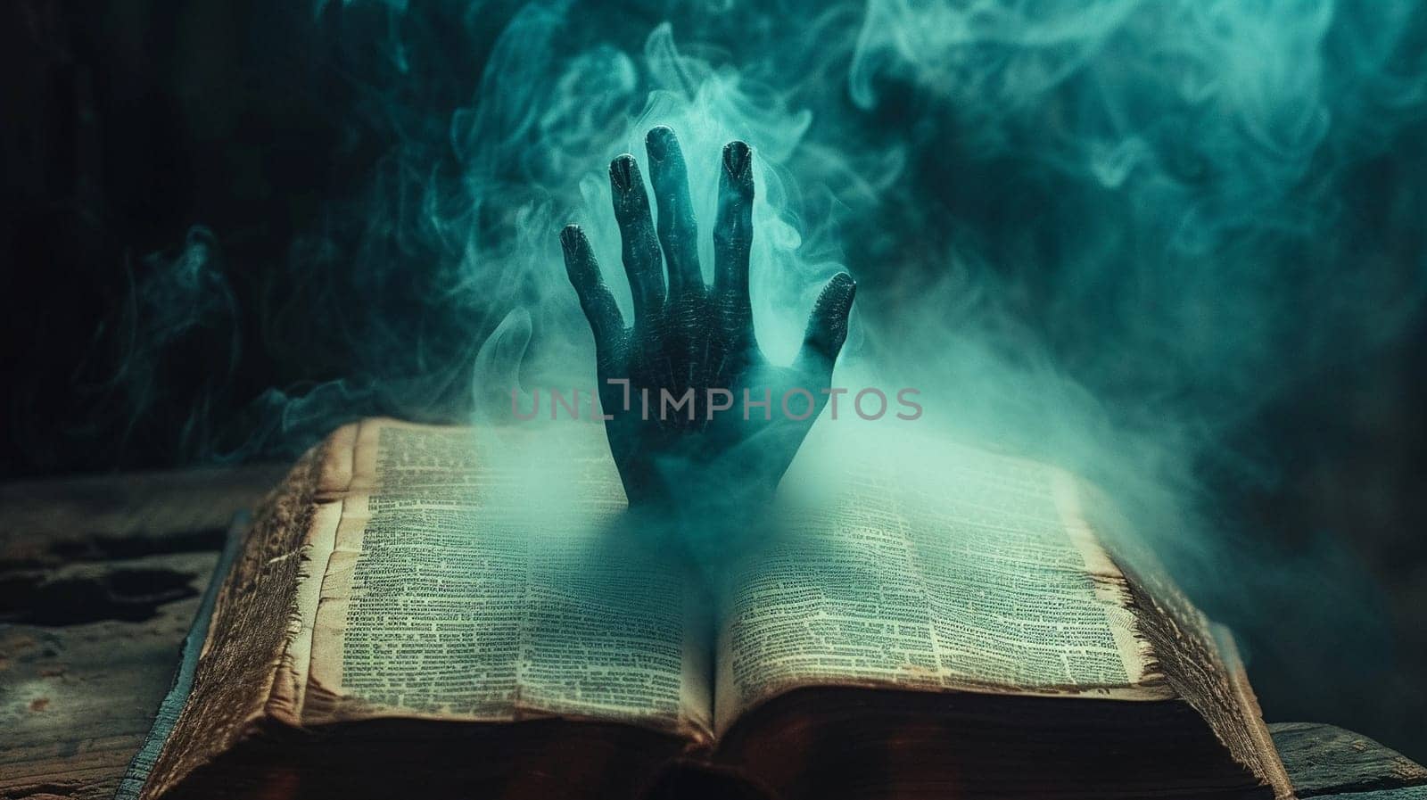 An ancient magic book with spirits. A scary and mysterious old book. High quality illustration