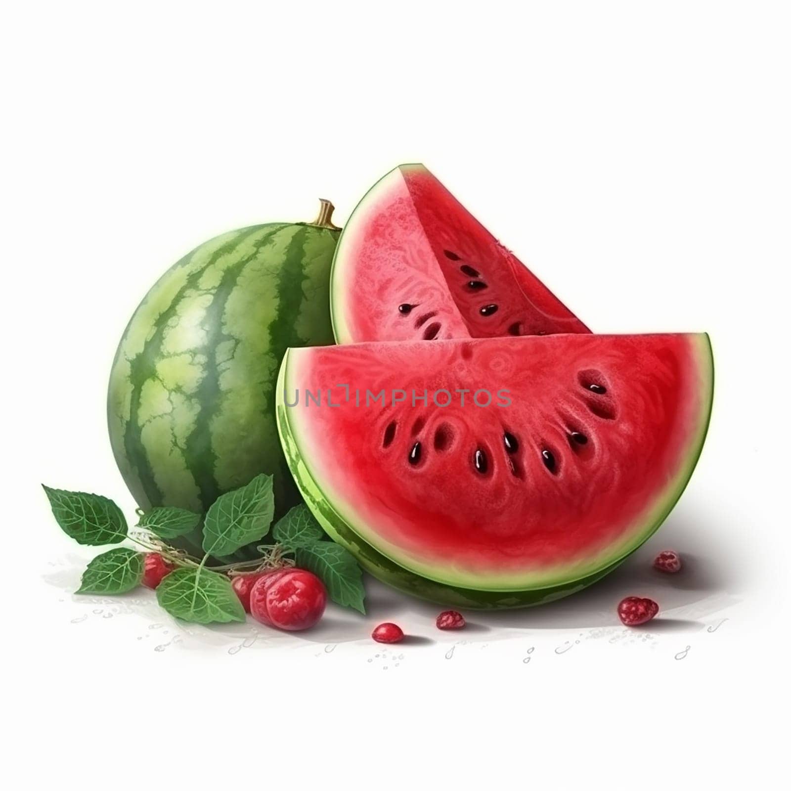 A realistic illustration of a whole watermelon with a sliced piece. by Hype2art