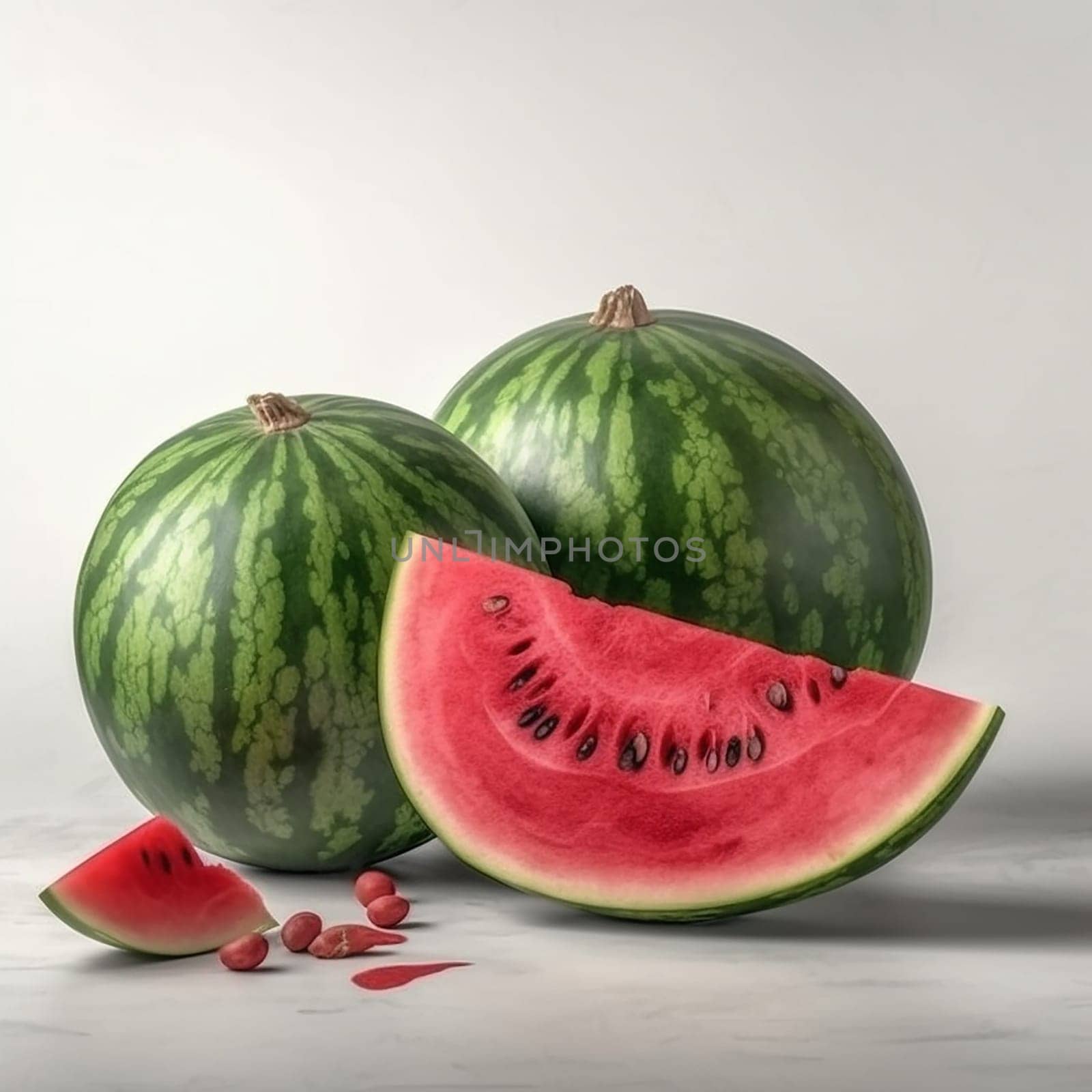 Two whole watermelons and a juicy slice with seeds