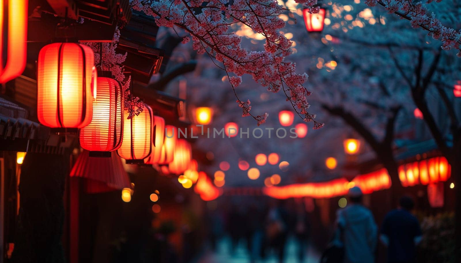 A colorful street photo of the streets of Japan during the Hanami holiday. Cherry blossoms. High quality photo