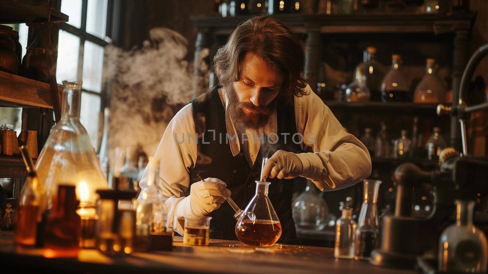 The scientist conducts experiments in his laboratory. Historical photo with reconstruction of the 18th century. High quality illustration