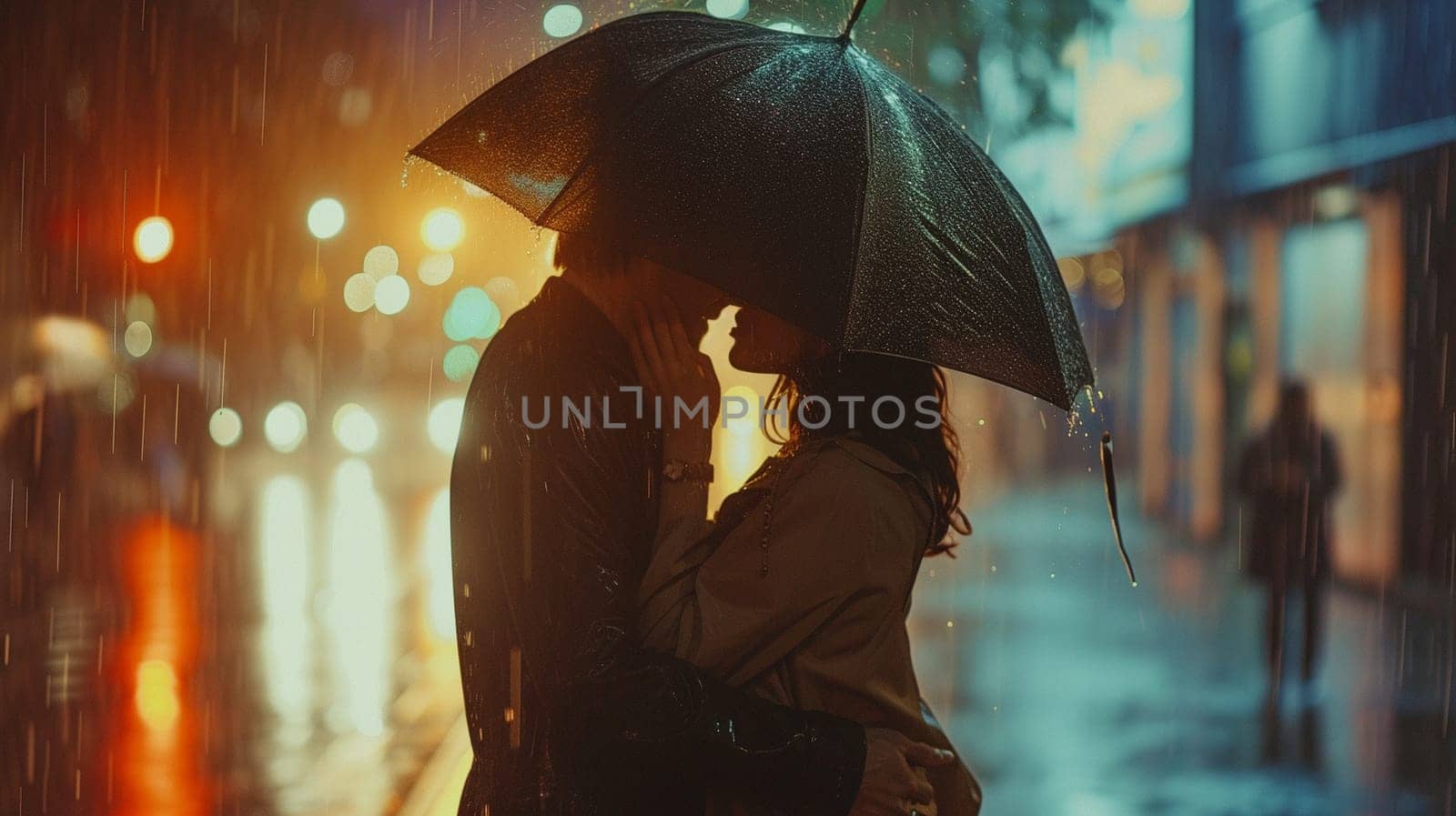 A couple in love under the same umbrella. Romantic photo for Valentine's Day. High quality photo