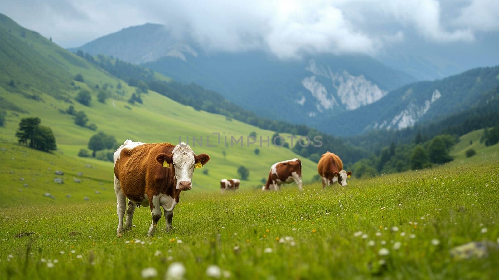 A cow grazes on alpine meadows. Agricultural industry . High quality illustration