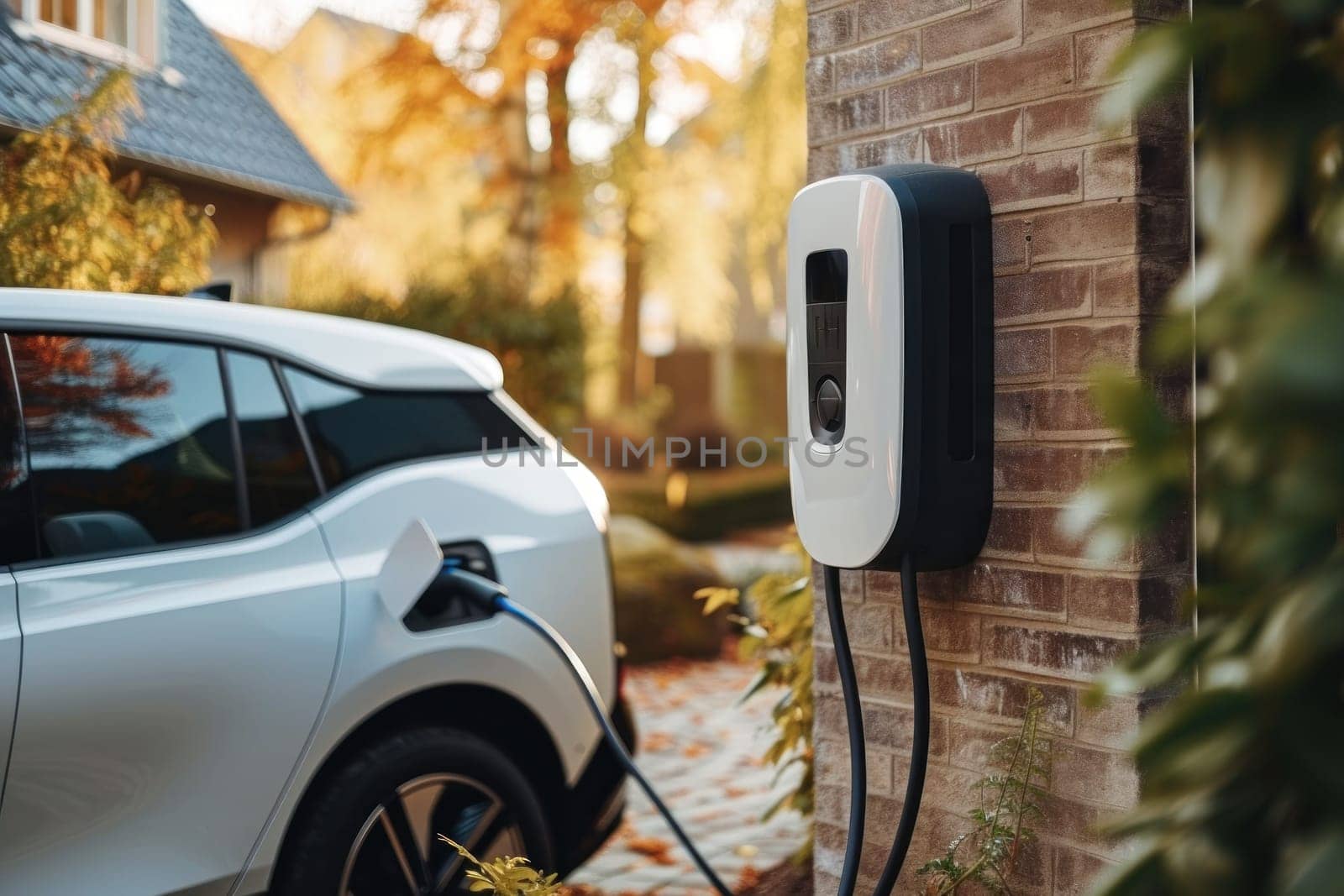 Electric car plugged to charging station outside home with power cable. Generative AI by golfmerrymaker