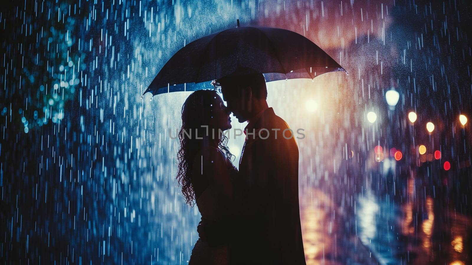 A couple in love under the same umbrella. Romantic photo for Valentine's Day. High quality photo