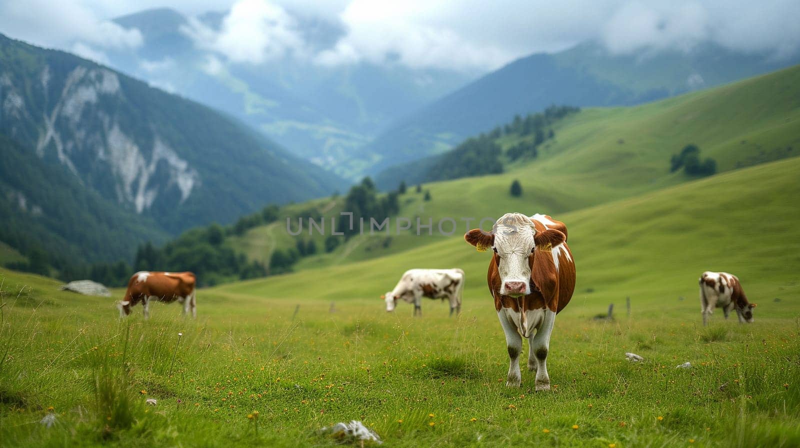 A cow grazes on alpine meadows. Agricultural industry . High quality illustration