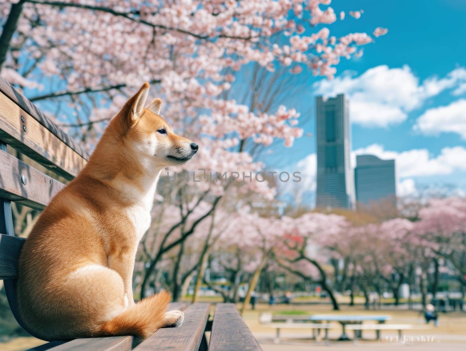 Shiba is sitting on the bench in the park Sakura blossom and blue sky with skyscraper. Generative AI by golfmerrymaker